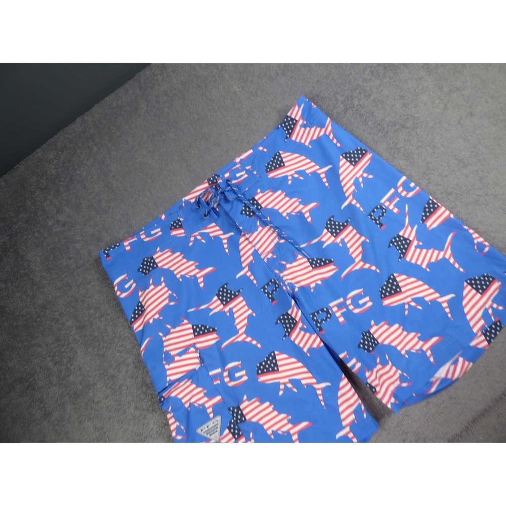 Columbia PFG Mens Blue American Flag Fish Board Shorts Size 40 Fishing Trunks